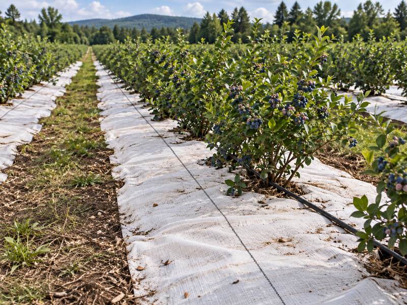 White ground cover fabric laid between rows of blueberry bushes on a farm

