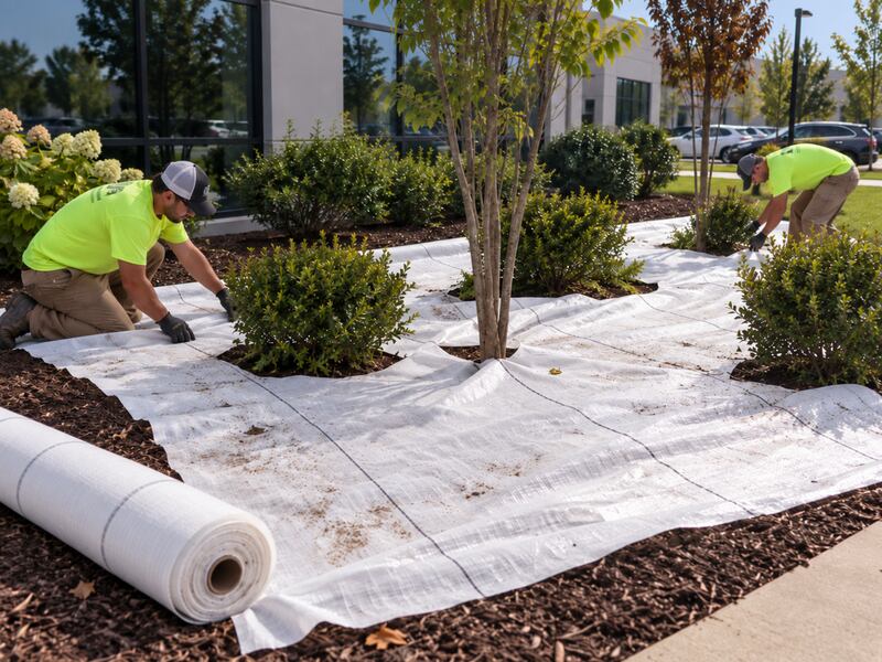 Landscape crew installing white ground cover fabric around trees and shrubs at a commercial building

