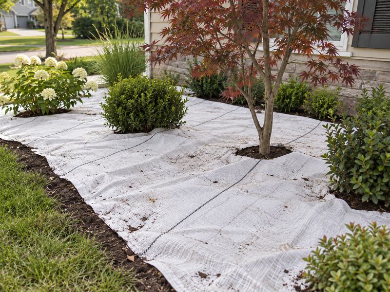 White ground cover fabric installed around a Japanese maple and shrubs in a foundation planting bed
