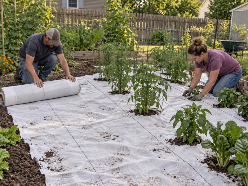 Couple rolling out white ground cover fabric in a backyard vegetable garden with tomato cages
