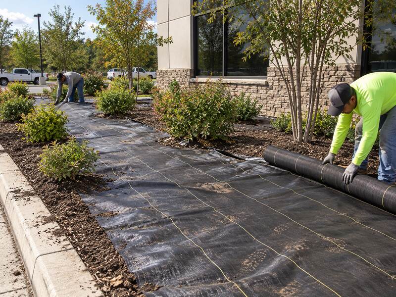 Landscape crew installing woven ground cover fabric along a commercial building planting bed
