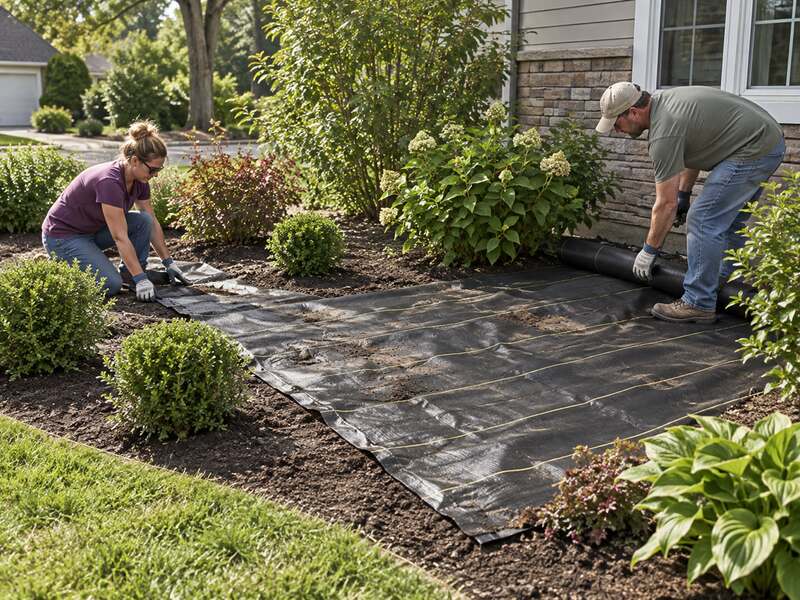 Workers cutting woven ground cover fabric around a newly planted tree in a brick-edged bed
