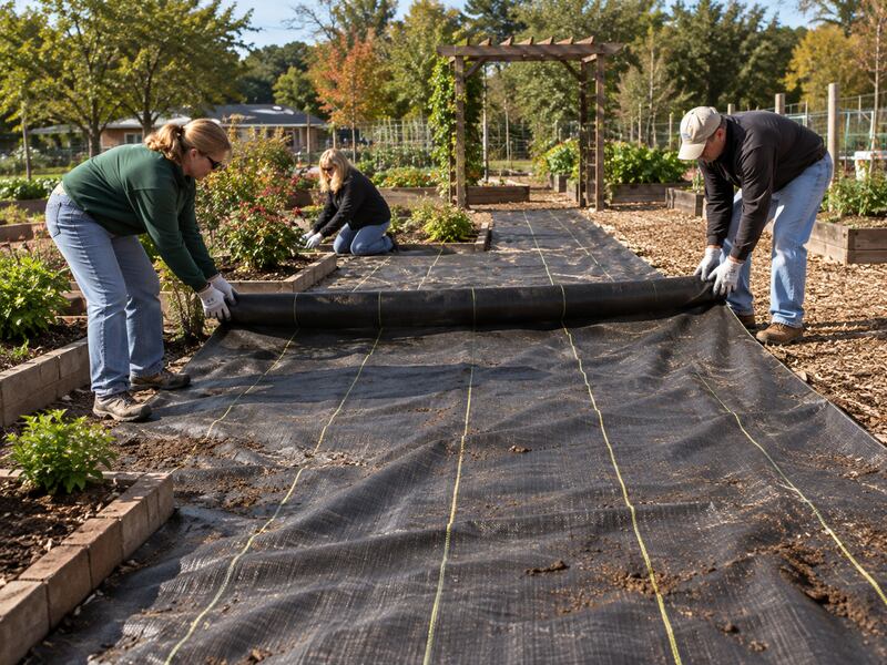 Crew rolling out woven ground cover fabric along a garden path leading to a pergola
