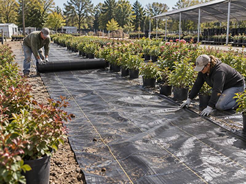 Nursery workers rolling out woven ground cover fabric between rows of potted shrubs
