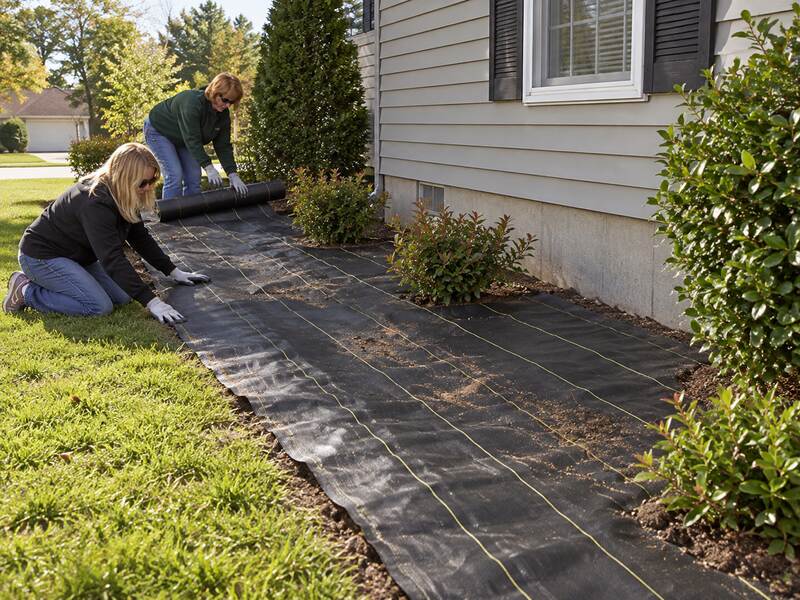 Two women installing woven ground cover fabric along a shrub bed beside a house
