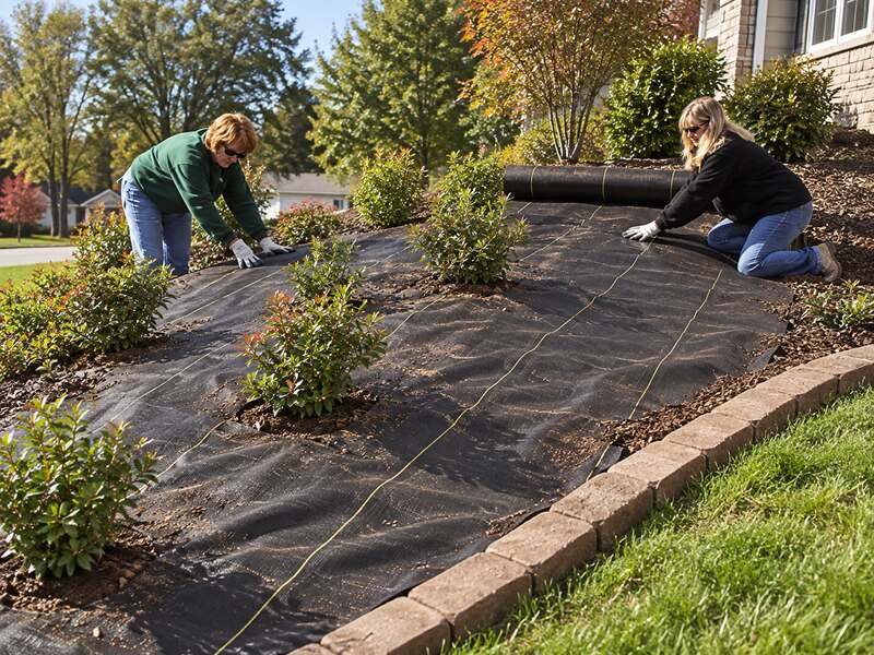 Woven ground cover fabric installed on a sloped planting bed
