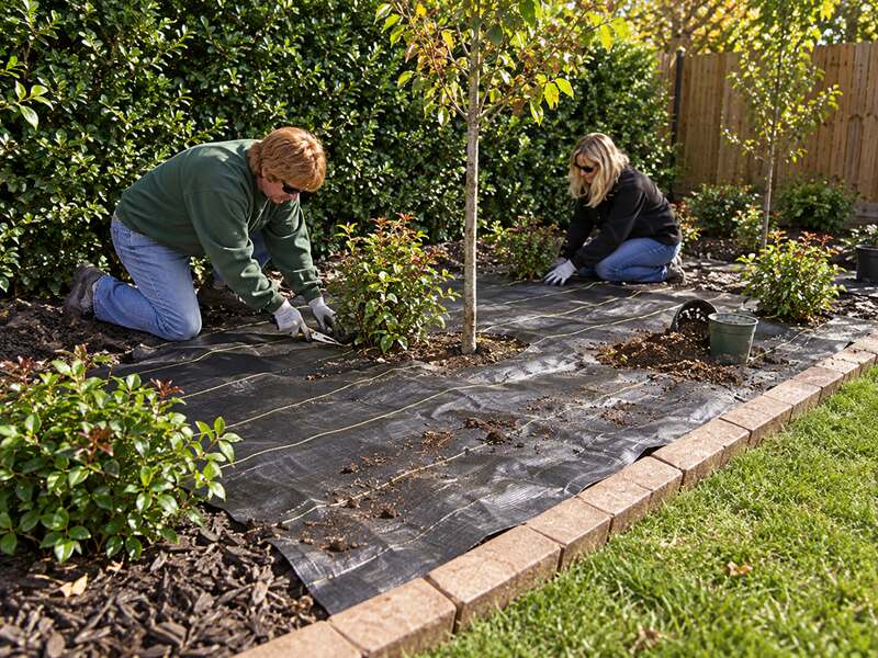 Couple rolling out woven ground cover fabric along a house foundation planting bed
