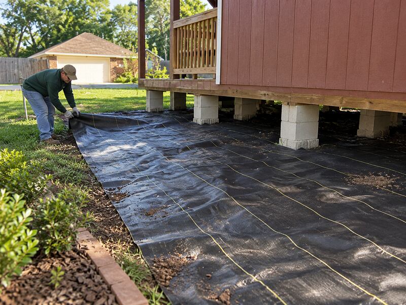 Woven ground cover fabric being rolled out beneath a raised deck and shed
