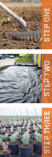 Three-step guide showing soil preparation, woven weed barrier fabric installation, and container planting
